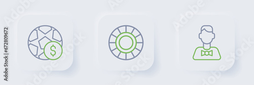 Set line Casino dealer, chips and Football betting money icon. Vector