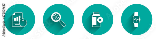 Set Diet plan, GMO, Lactose intolerance and Smart watch with heart icon with long shadow. Vector