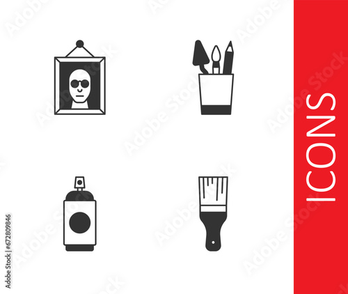 Set Paint brush, Picture, spray can and Pencil case stationery icon. Vector