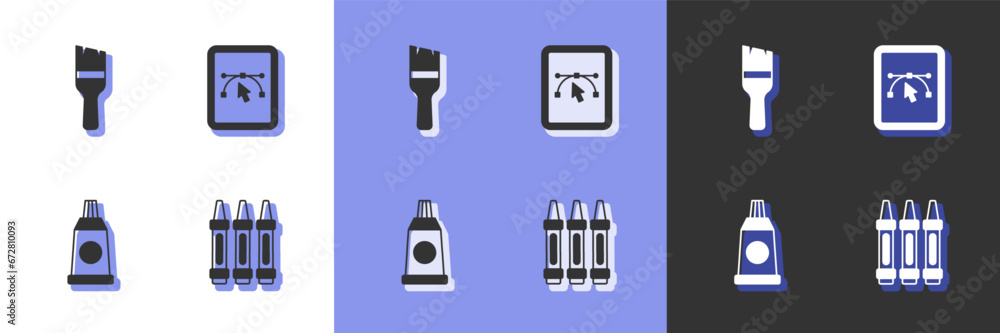 Set Wax crayons for drawing, Paint brush, Tube with paint palette and Computer design program icon. Vector Set Wax crayons for drawing, Paint brush, Tube with paint palette and Computer design program icon. Vector