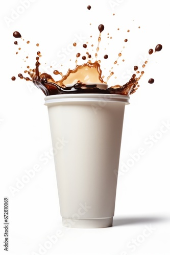 Coffee splash. Coffee in a paper glass on a white background. AI generative