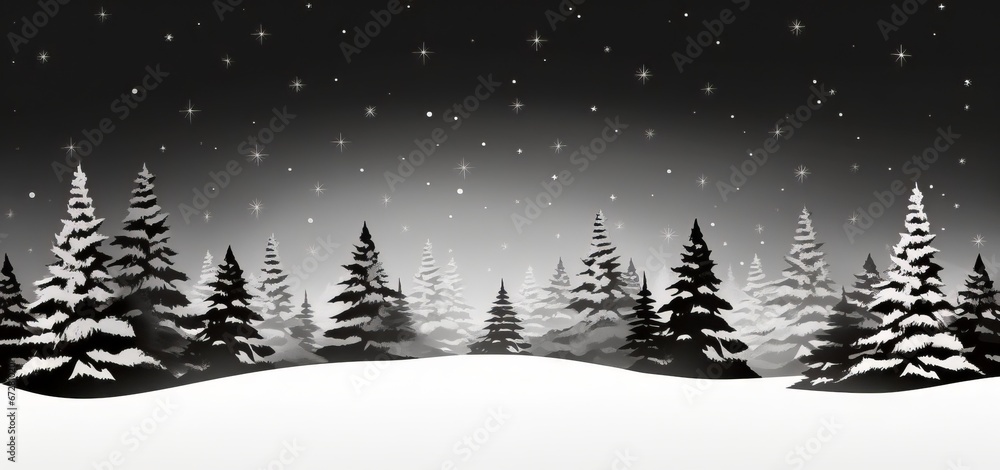 Obraz premium minimalist black and white christmas background with trees, snow and stars, Xmas card background banner, copy space for text