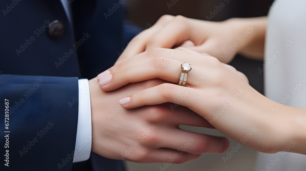 Close-up of a Couple's Hands with an Engagement Ring Close-up of a Couple's Hands with an Engagement Ring
