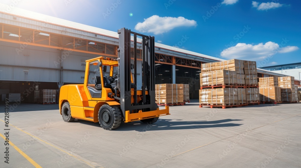 Forklift truck handling cargo shipping container box in logistic shipping yard Forklift truck handling cargo shipping container box in logistic shipping yard