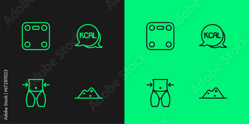 Set line Salt, Women waist, Bathroom scales and Kcal icon. Vector