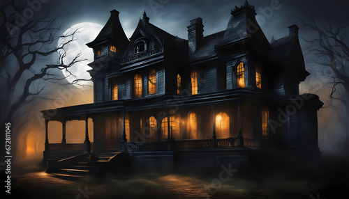 A chilling Halloween night in a haunted house, where mysterious shadows, creaking floorboards, and eerie whispers add to the spine-tingling atmosphere.





