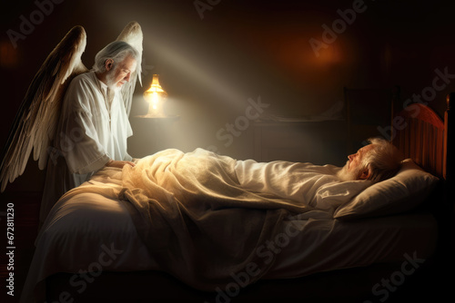 Ein weiser, älterer Engel im Licht steht am Bett eines alten Mannes photo
