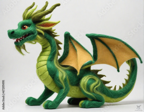 Green Wooden Dragon from felting on a white background