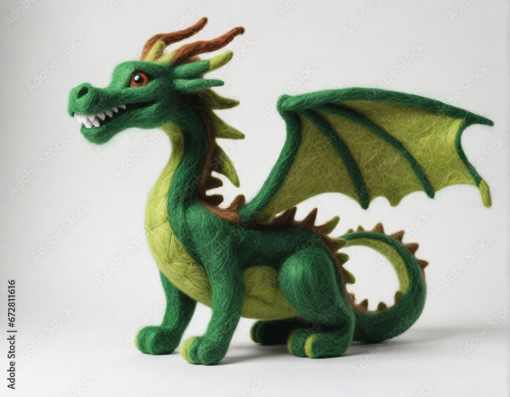 Fototapeta premium Green Wooden Dragon from felting on a white background