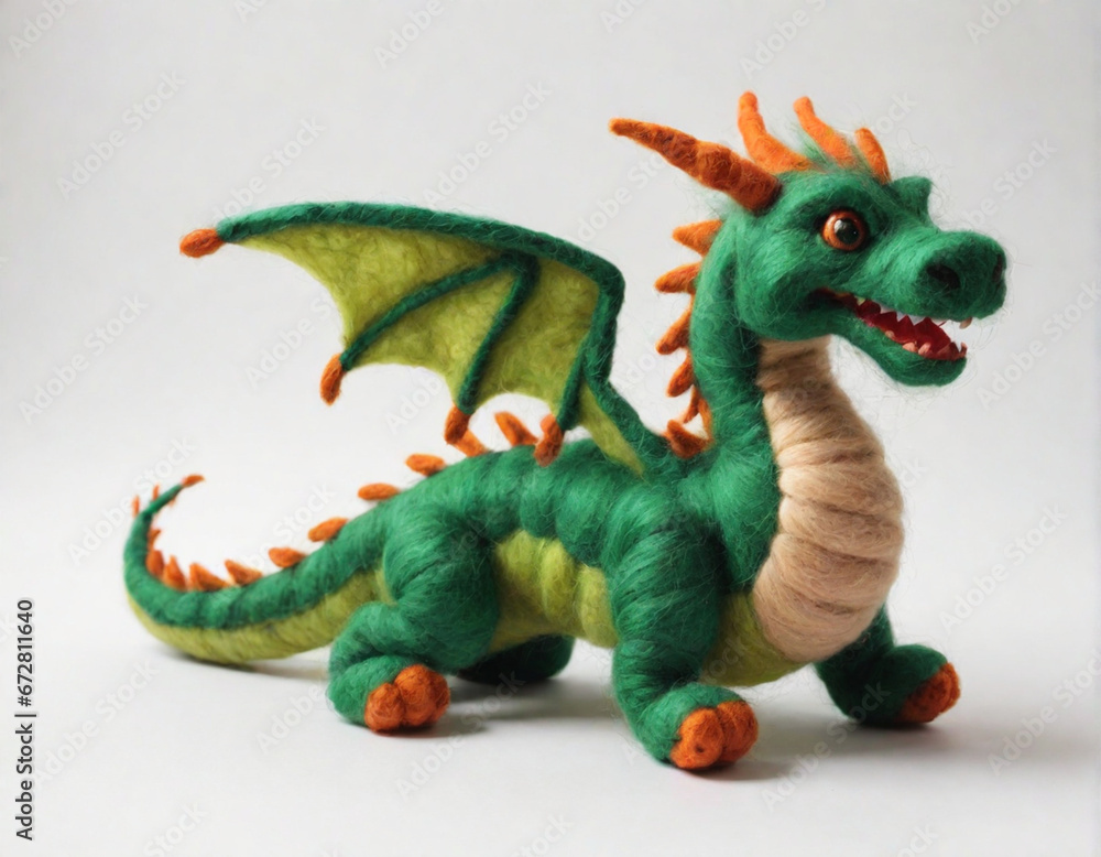 Green Wooden Dragon from felting on a white background Green Wooden Dragon from felting on a white background