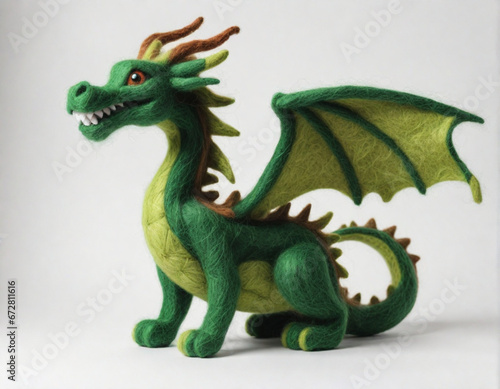 Green Wooden Dragon from felting on a white background © cggold
