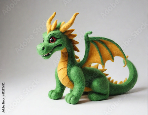 Green Wooden Dragon from felting on a white background © cggold