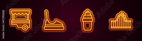 Set line Fast street food cart, Bumper, Ice cream in waffle and Roller coaster. Glowing neon icon. Vector