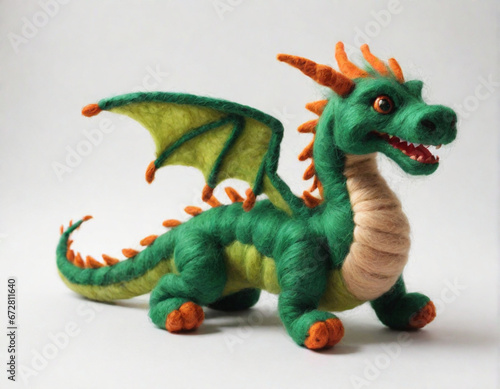 Green Wooden Dragon from felting on a white background