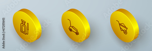 Set Isometric line Garden sprayer for water, Lawn mower and Wheelbarrow icon. Vector