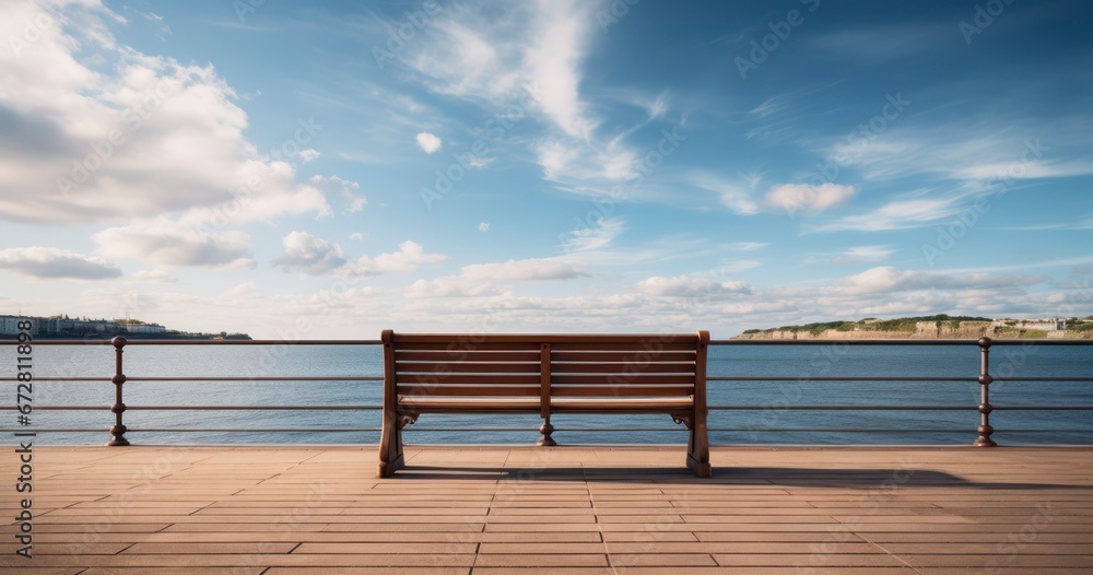 Harbor Haven - An empty bench sitting on a pier with a calm ocean in the background. Generative AI