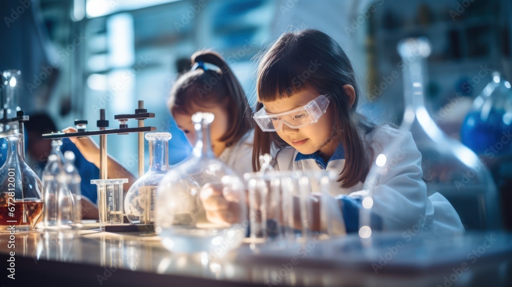 Group of students at laboratory for science test, education at school Group of students at laboratory for science test, education at school