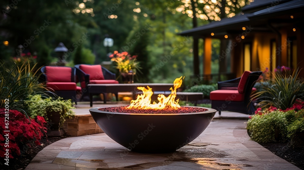 A Unique Fire pit Offering Warmth and Modern Design. Generative AI - obrazy, fototapety, plakaty 