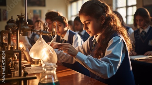 Group of students at laboratory for science test, education at school