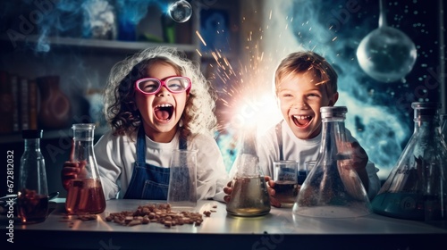 Group of children at laboratory for science test, Laughing for blast and smoke in class, exciting testing photo