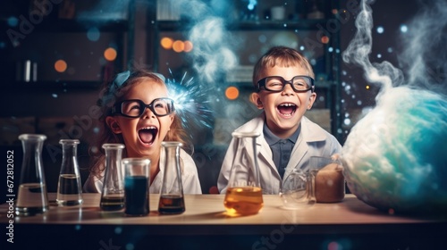 Group of children at laboratory for science test, Laughing for blast and smoke in class, exciting testing