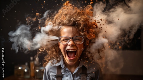 Funny children at laboratory for science test, Laughing for blast and smoke in class, exciting testing