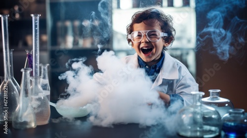 Funny children at laboratory for science test, Laughing for blast and smoke in class, exciting testing photo