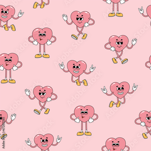 Seamless pattern of groovy pink hearts characters. Cartoon characters in trendy retro style on pink background. Vector illustration
