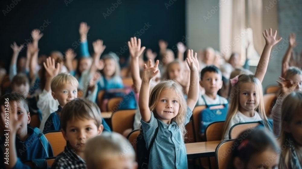 Students raise their hands to answer in the classroom. education and school concept