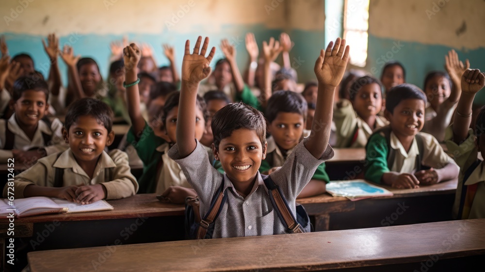 Fototapeta premium Students raise their hands to answer in the classroom. education and school concept