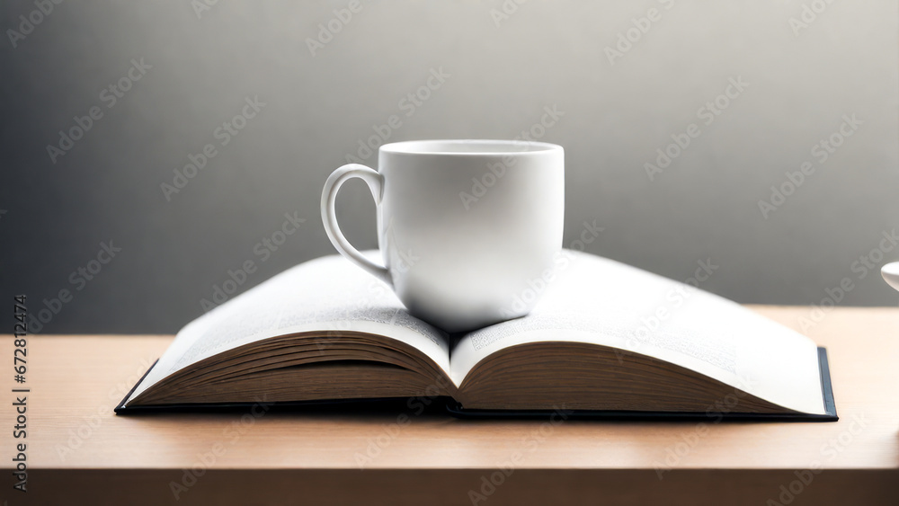 A casual holiday with hot coffee in a white coffee mug put on the book with the warm morning sunshine from the window to feel relaxed good for relaxing A casual holiday with hot coffee in a white coffee mug put on the book with the warm morning sunshine from the window to feel relaxed good for relaxing