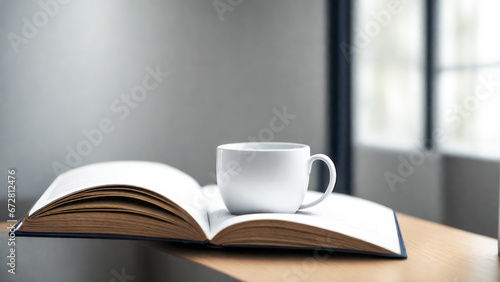 A casual holiday with hot coffee in a white coffee mug put on the book with the warm morning sunshine from the window to feel relaxed good for relaxing