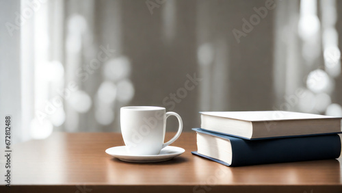 A casual holiday with hot coffee in a white coffee mug put on the book with the warm morning sunshine from the window to feel relaxed good for relaxing