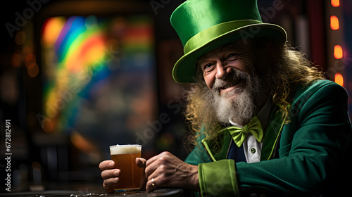 A leprechaun costume, with a rainbow as the background, during the festive St. Patrick's Day party