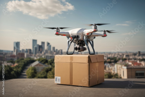 Drone delivery delivering package into urban city