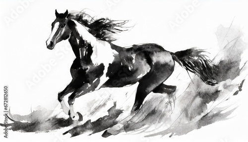 Horse running painting, watercolor style photo