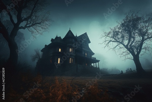 Eerie haunted house in misty Halloween darkness. Generative AI