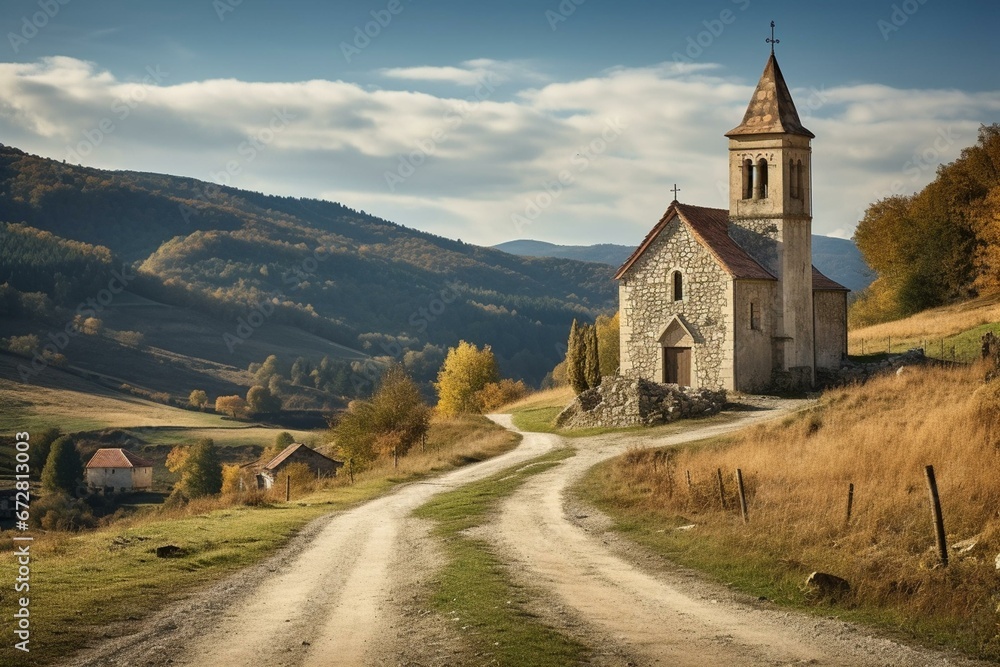 Historical church surrounded by an expansive, deserted road in a quaint village. Generative AI