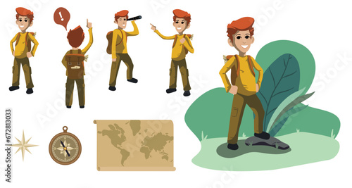 Petit explorateur, enfant, aventure, carte du monde, boussole, étoile, aventurier, personnage, pose.