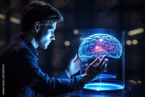 A man's hand touches a hologram of human head with brain. AI technology and innovation, a vision of the future's thought processes. photo