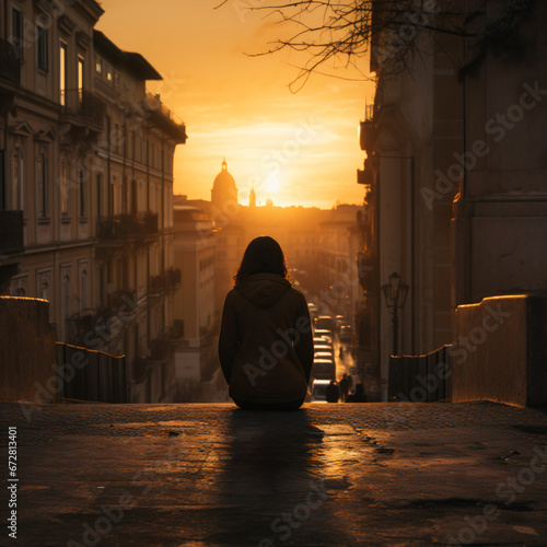 lonely and sad woman woman in an old european city at sunrise photo