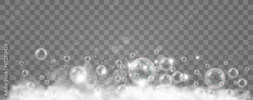 Air bubbles on a transparent background. Soap foam vector illustration.	

