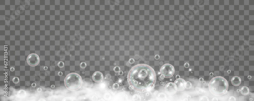 Air bubbles on a transparent background. Soap foam vector illustration.	

