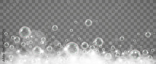 Air bubbles on a transparent background. Soap foam vector illustration.	

