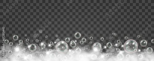 Air bubbles on a transparent background. Soap foam vector illustration.	

