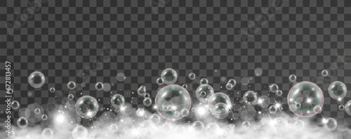 Air bubbles on a transparent background. Soap foam vector illustration.	


