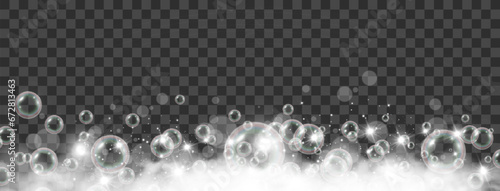 Air bubbles on a transparent background. Soap foam vector illustration.	


