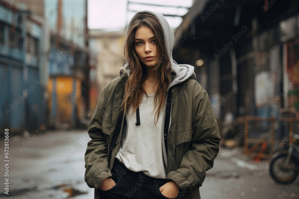 A person in grungy attire against an urban street backdrop, showcasing the edgy and streetwise fashion style. Generative Ai