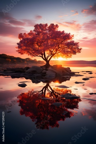 A tree on a rocky shore at sunset