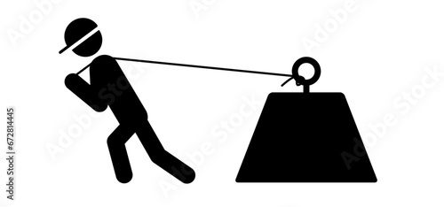 Man pulling weight. Stick figure man pulls a huge weight. Businessman twitch the big box with rope. Person lifting or pull heavy burden. Huge large block. Heavy load, ragging a giant heavy weight.